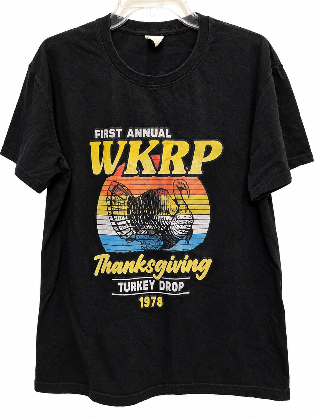 WKRP T-Shirt Retro TV Tee Mens L Black Thanksgiving Turkey Drop 1978 Graphic Tee